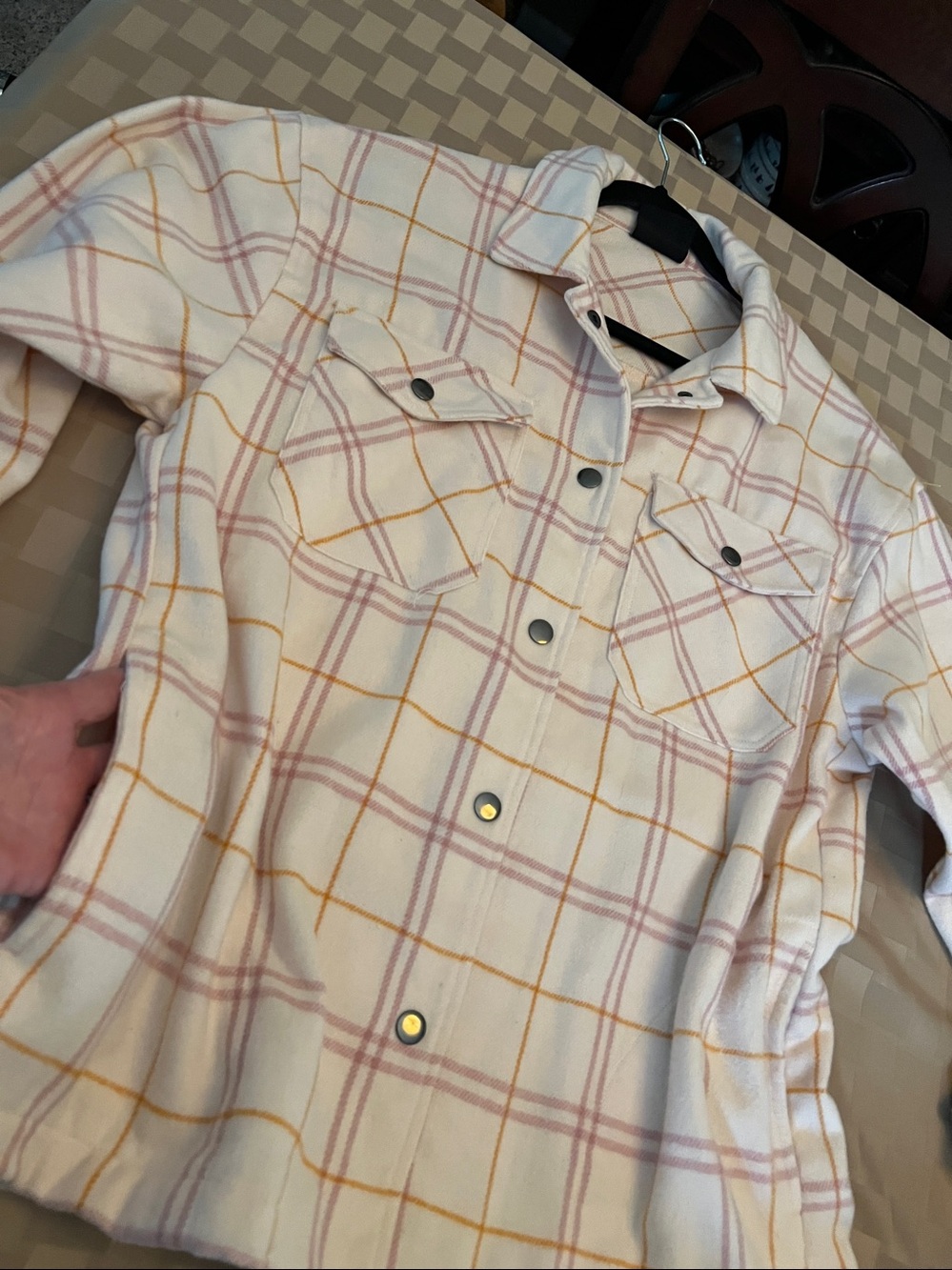 Plaid Flannel Shirt Jacket in Cream and Pink - Lightweight Shacket M